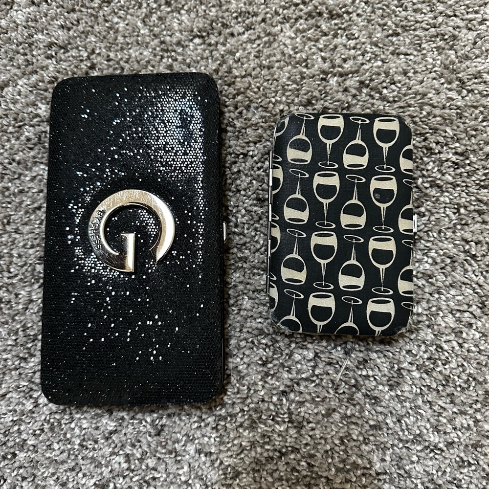 Two small clasp wallets - glittery Guess and matte wine glasses